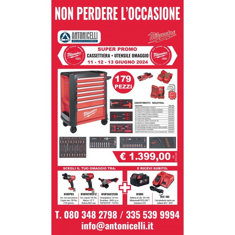 POMOZIONE CASSETTIERA MILWAUKEE + UTENSILE 18V + BATTERIA 5AH OMAGGIO