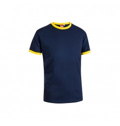 T-SHIRT 100% COTONE BLU NAVY GIROCOLLO E GIROMANICHE GIALLE TG.L MYDAY GROOVE