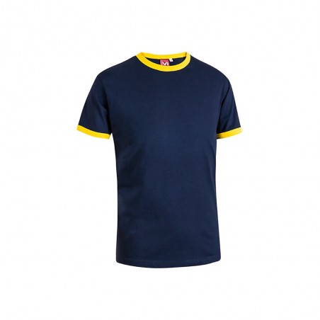 T-SHIRT 100% COTONE BLU NAVY GIROCOLLO E GIROMANICHE GIALLE TG.L MYDAY GROOVE