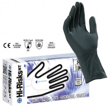 GUANTI NITRILE MONOUSO HI-RISK NT NERI SPESSORE 0.16 SENZA POLVERE TG M 50 PZ