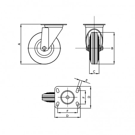 RUOTA 100X30 GOMMA NERA SUPPORTO GIREVOLE ZINCATO C/FRENO POSTERIORE