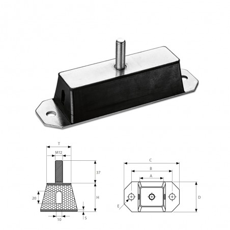 ANTIVIBRANTE A CAMPANA 85X60 RETTANGOLARE M12 DUREZZA 60SH