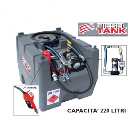 CISTERNA PER TRASPORTO DIESEL 220LT+ELETTROPOMPA 12V+TUBO+PISTOLA 220DT/12